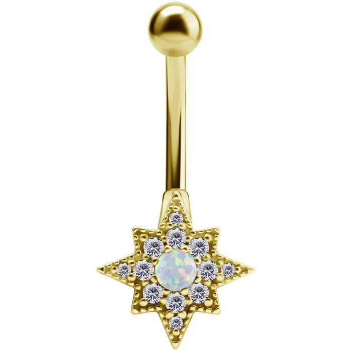 Gold Belly button ring with white opal - KP-026