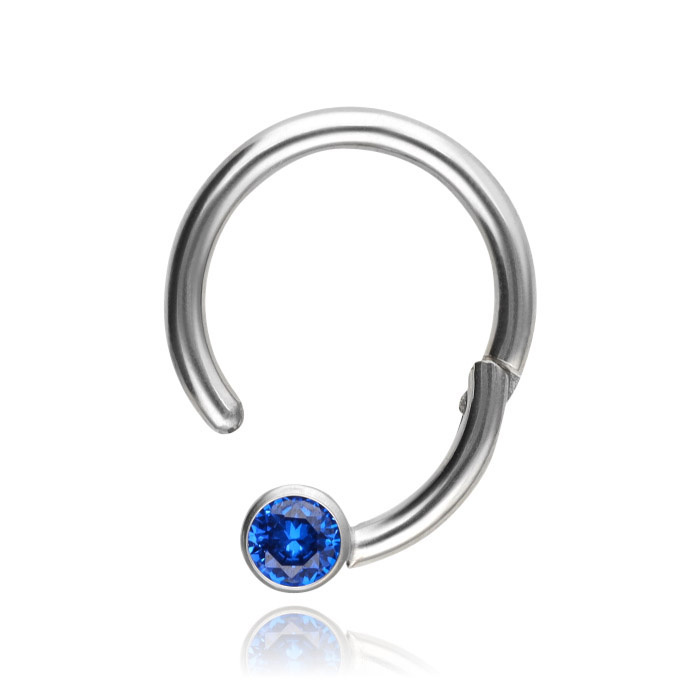 Titanium piercing ring BCR clicker with dark blue zirconia - sterling silver - TK-080