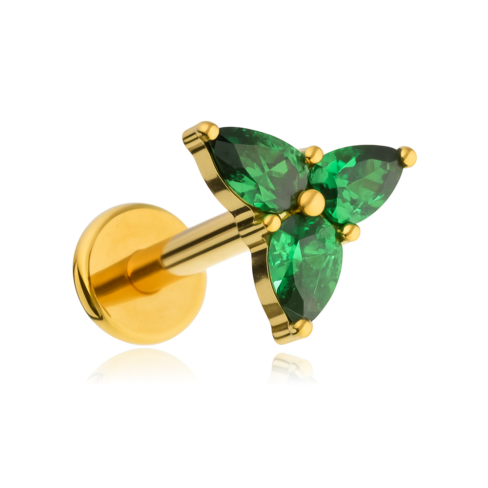 Titanium labret with green zircons - silver