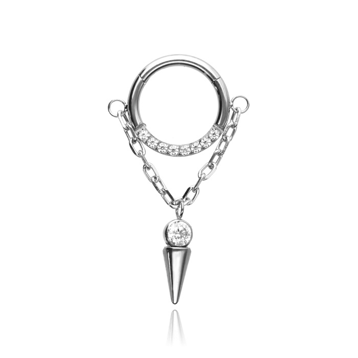 Titanium piercing ring clicker with zircons and chain - silver - TK-088