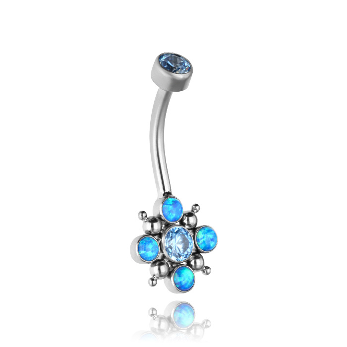 Titanium navel earring with blue PREMIUM and opal - TPP-027