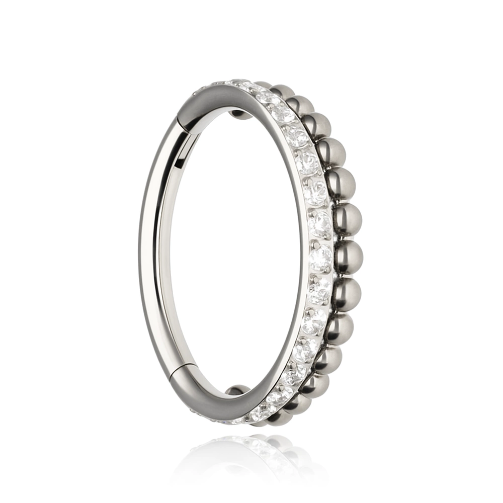 Titanium piercing ring clicker with white cubic zirconias and mini beads - silver - TK-041