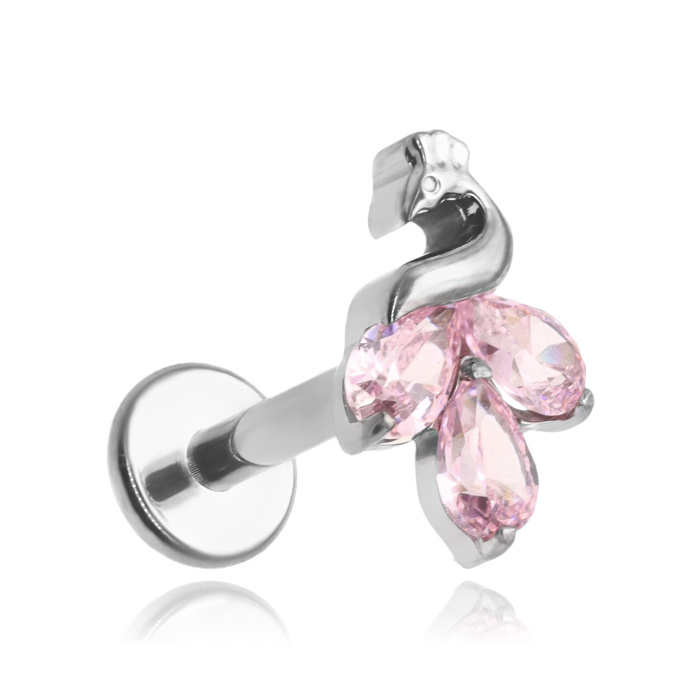 Titanium labret earring - peacock with pink zircons - TGW-131