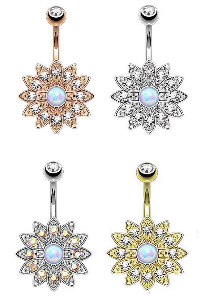 Silver opal flower Belly button ring - KP-040