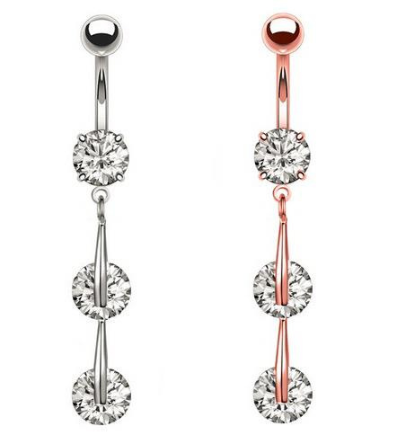 Long Belly button ring rose gold with white zirconia - KP-030