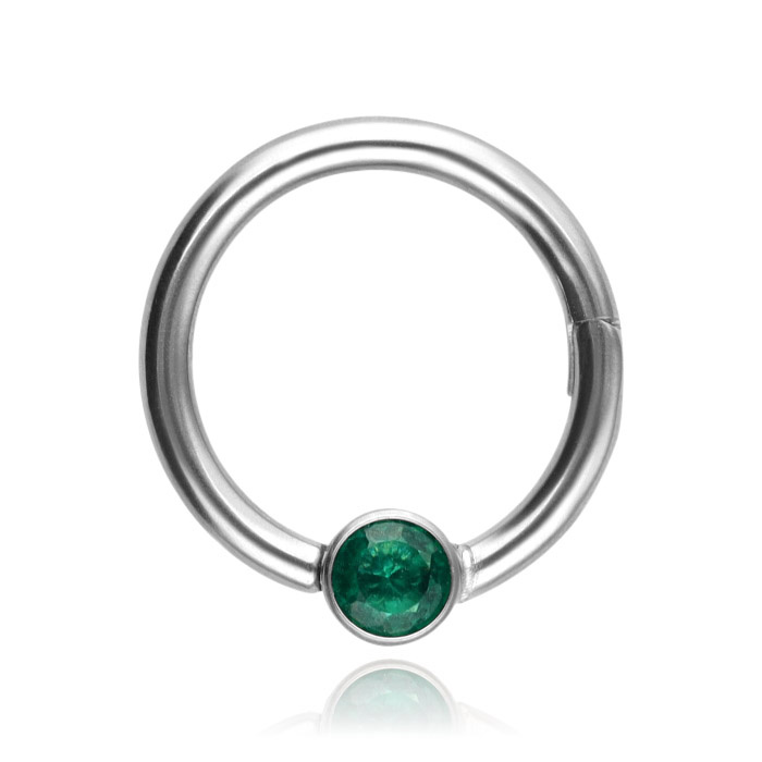 Titanium piercing ring BCR clicker with green zirconia - silver - TK-080