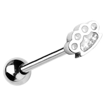 Tongue barbell silver caster with white crystals - KJ-009