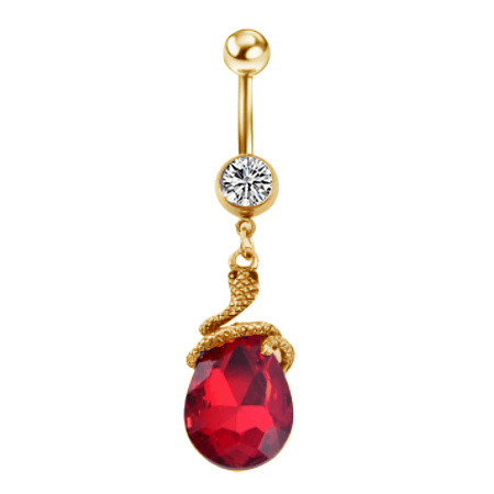 Gold Belly button ring snake with red crystal - KP-063