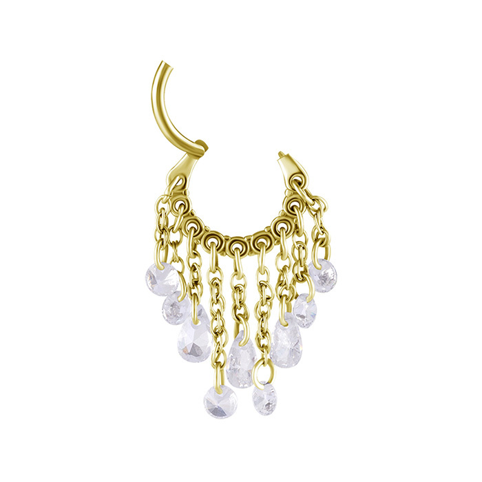 Piercing ring clicker with chains and white zircons - gold - K-065