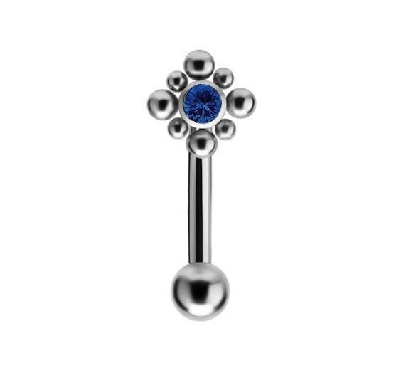 Titanium curved barbell - Premium Zirconia - silver and dark blue zirconia - TB-008