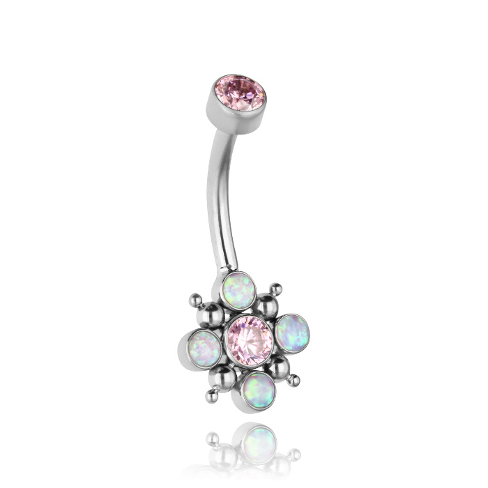 Titanium navel earring with pink PREMIUM zirconia and purple opal - TPP-027