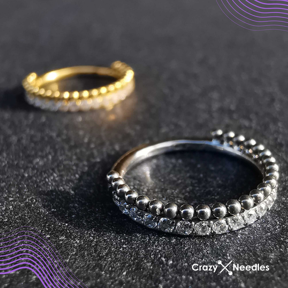 Titanium piercing ring clicker with white cubic zirconias and mini beads - gold - TK-041