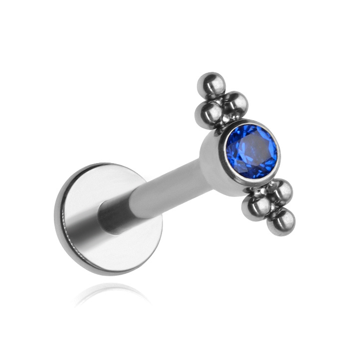 Titanium labret with blue zirconia and balls - silver