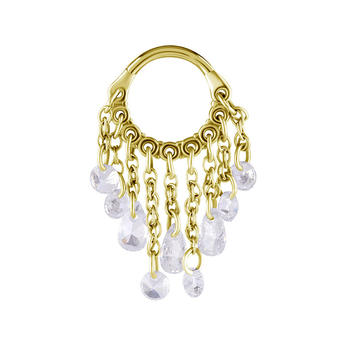 Piercing ring clicker with chains and white zircons - gold - K-065