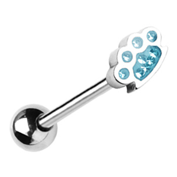 Tongue barbell silver caster with blue crystals - KJ-009