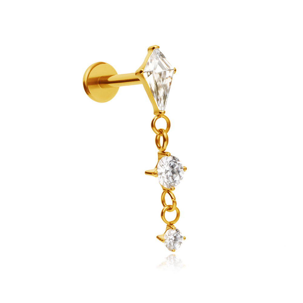 Titanium labret with white cubic zirconias and chains - silver