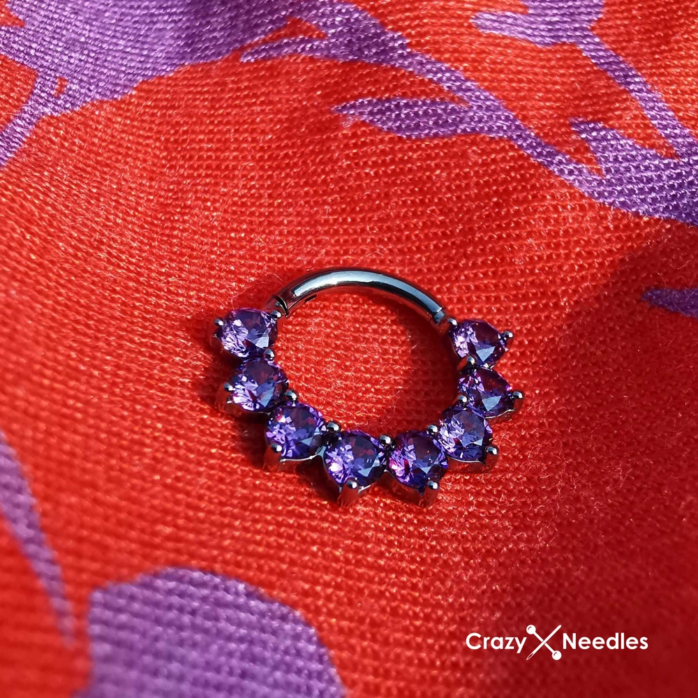 Titanium piercing clicker with purple zircons - sterling silver - TK-032