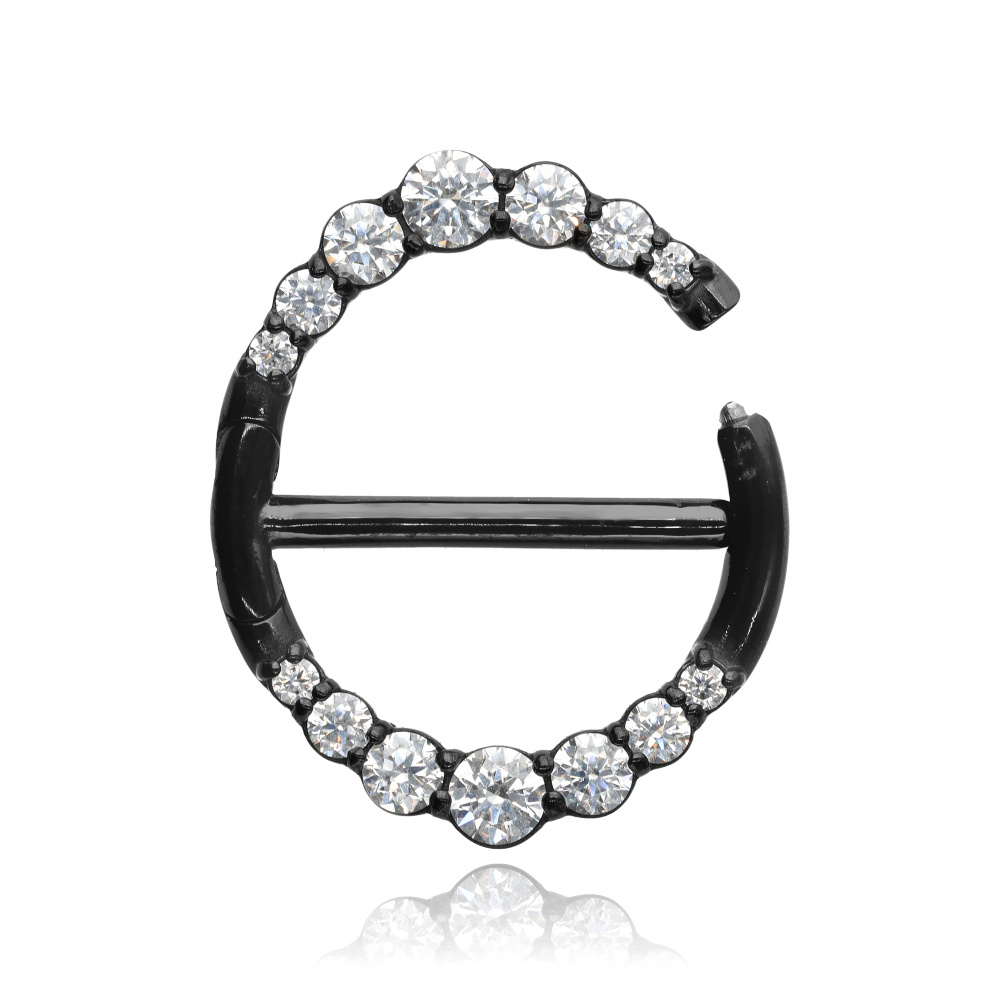 Black nipple piercing with white zircons - PREMIUM ZIRCON - S-012