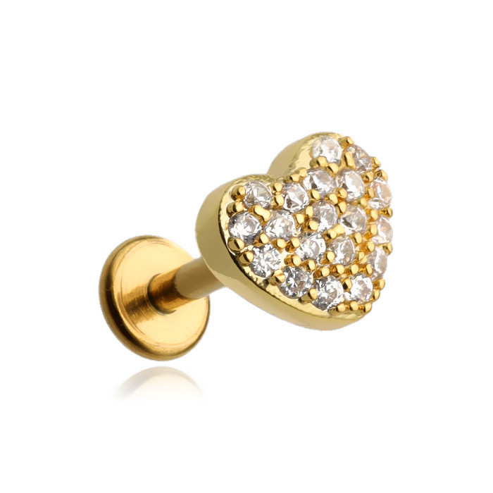 Labret earring - gold heart with white crystals - LGW-008