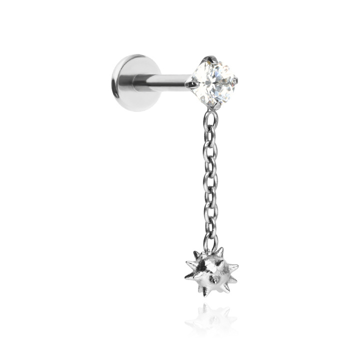 Titanium labret with white cubic zirconias and chains - silver