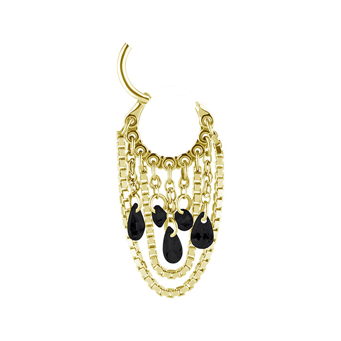 Piercing ring clicker with chains and black zircons - gold - K-034