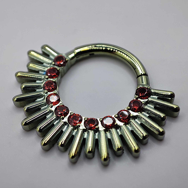 Titanium piercing clicker with red zircons - silver - TK-055