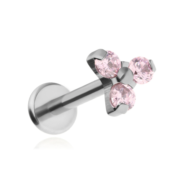 Titanium labret with three pink cubic zirconias