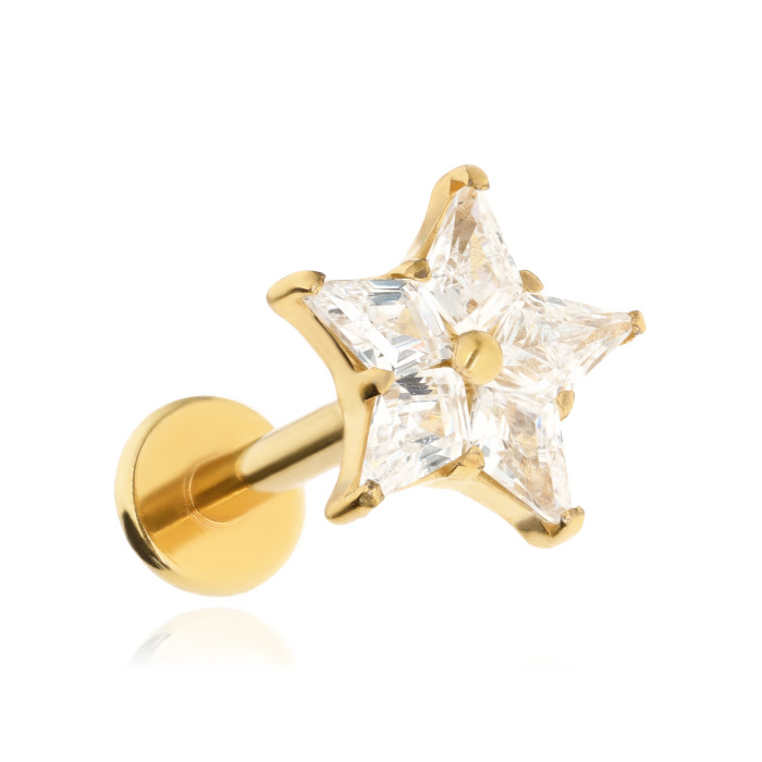 Titanium labret star with white zirconia - gold 