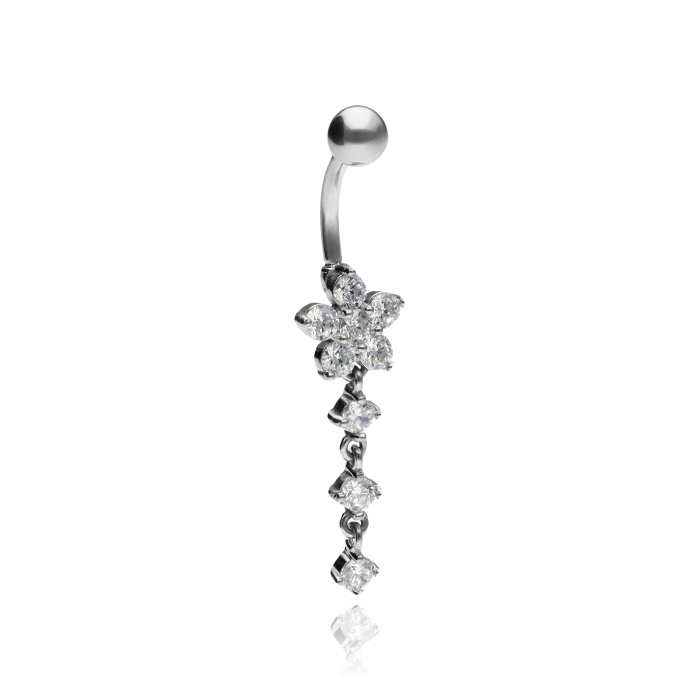 Belly button ring flower with zircons - silver - KP-037