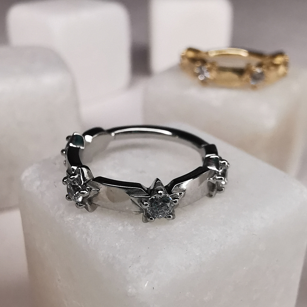 Piercing ring clicker stars with white zircons - CoCr NF - silver - K-073