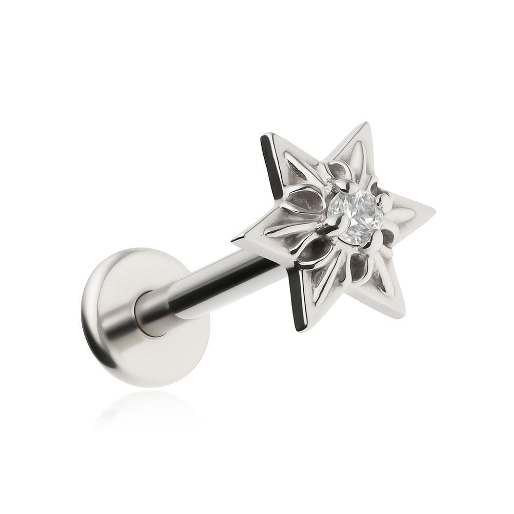 Titanium labret star with white zirconia - silver