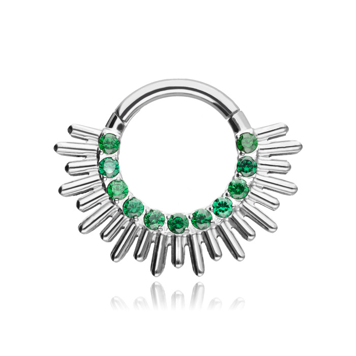 Titanium piercing clicker with green zircons - silver - TK-055