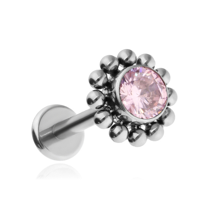 Titanium labret with pink zirconia - sterling silver