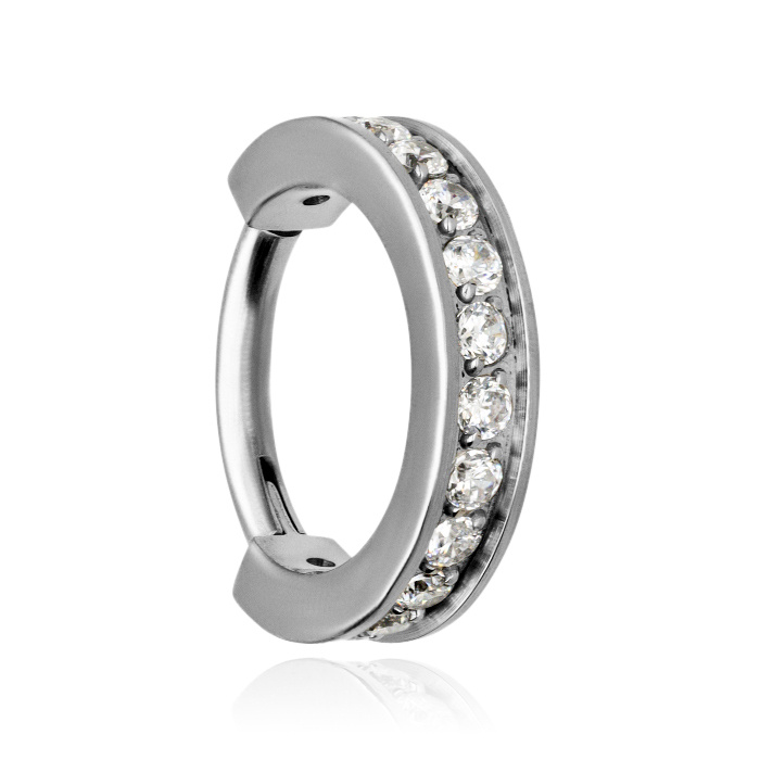 Titanium piercing ring clicker with white zircons - silver - TK-095