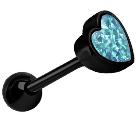 Tongue barbell black heart with blue crystals - KJ-008