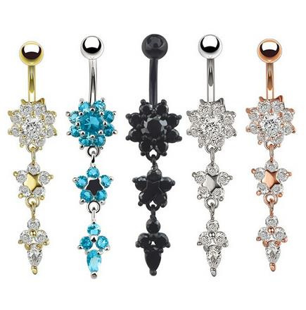 Long gold Belly button ring with white zircons - KP-054