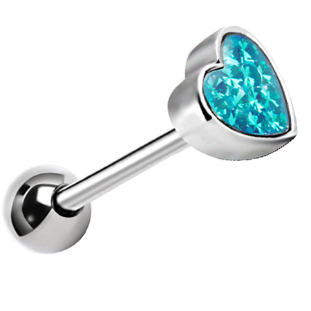 Tongue barbell silver heart with blue crystals - KJ-008