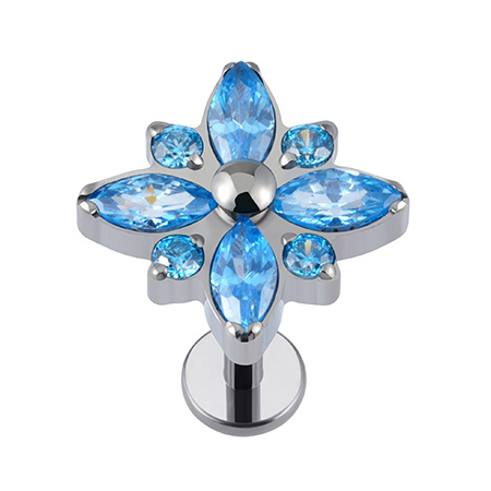 Titanium labret silver flower with blue zircons - TGW-106